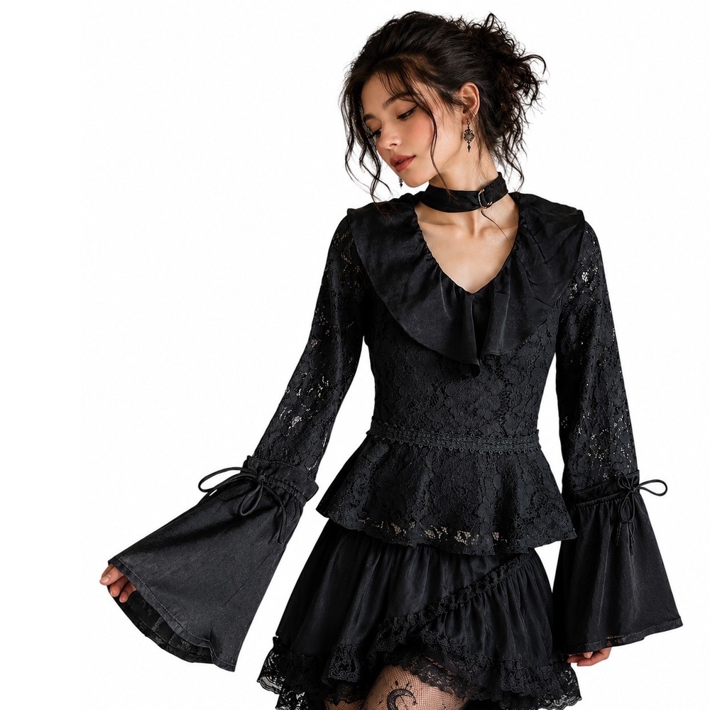 Moon River Black Lace Peplum Top XS Gothic Victorian Satin Choker Bell Sleeve
